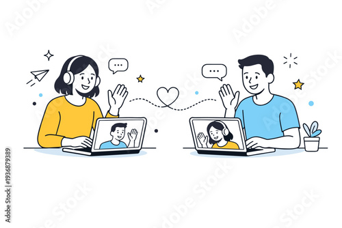 Long-distance friendships. Two adults communicating through video call on laptops, friendly gestures and eye contact. Feeling of closeness despite distance,