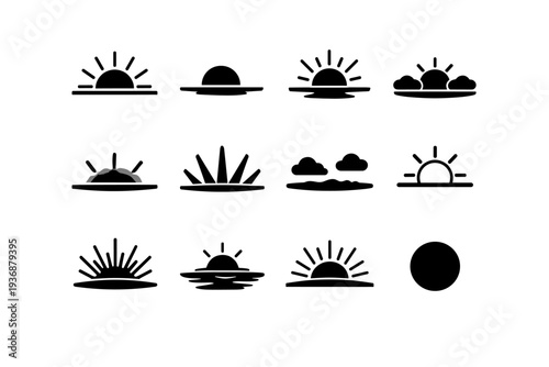 Dawn Light. Solid icon set of Dawn Light: rising sun, sun over horizon, morning rays, soft glow, light beams, early sky, horizon line, gentle clouds, sun