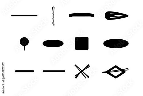 Minimal Hairpins. Solid icon set of Minimal Hairpins: straight hairpin, thin bobby pin, flat barrette, simple snap clip, matte pin, rounded pin, square pin,