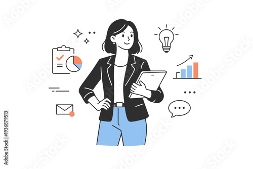 Empowered action. A woman holding a document or tablet with a confident stance, calmly making decisions and showing leadership. The mood is professional,