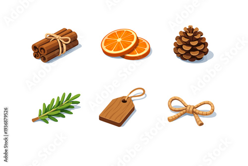 Natural decor. Isometric flat vector icons set of Natural decor: cinnamon sticks bundle, dried orange slices, pine cones, sprig of rosemary, wooden gift tag,
