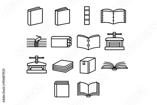 Book Binding. Line icon set of Book Binding: hardcover book, softcover book, book spine, stitched binding, glued binding, spiral binding, saddle stitch, book