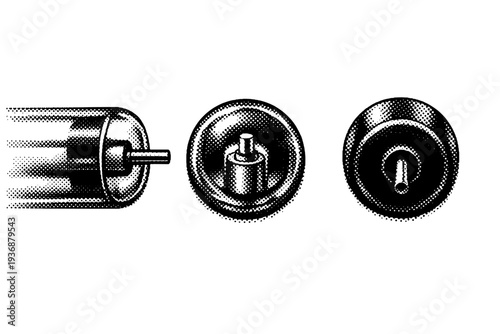 Neon sign electrode end cap glass electrode component with visible sealed end and connection point, realistic cylindrical proportions. Black and white dot