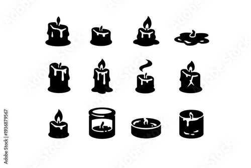 Used Candle. Solid icon set of Used Candle: melted candle, candle stub, burned wick candle, wax puddle, half used candle, dripping wax candle, extinguished