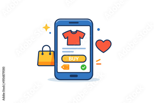 Ecommerce mobile shopping represented by a smartphone displaying a product card and small heart icon, conveying ease of use, personalization, and everyday