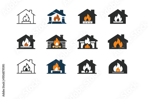 Winterizing your home for cold weather. Icon set. Set Logo of Winterizing your home for cold weather: fireplace with flame. harmonious logo variations of the