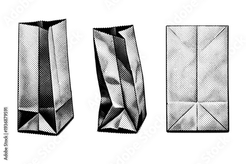 Grocery paper bag side gusset shown fully expanded, partially collapsed, and completely flat emphasizing paper structure and creases. Black and white dot style
