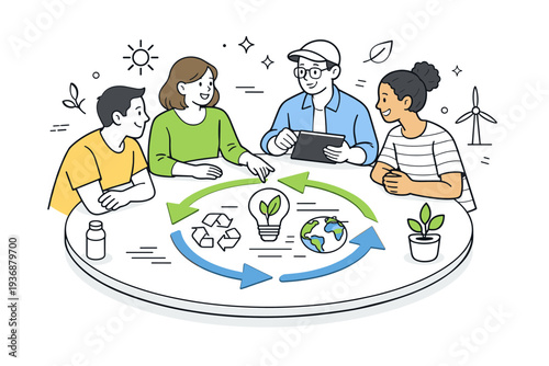 Circular design teamwork. A small group of people collaborating around a round table with sketches and circular arrows. Friendly interaction and shared focus