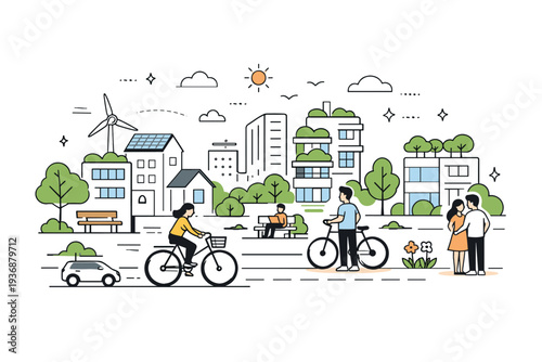 Green urban environment. Buildings combined with trees, bicycles, and clean streets, showing harmony between city life and nature. Peaceful sustainable future
