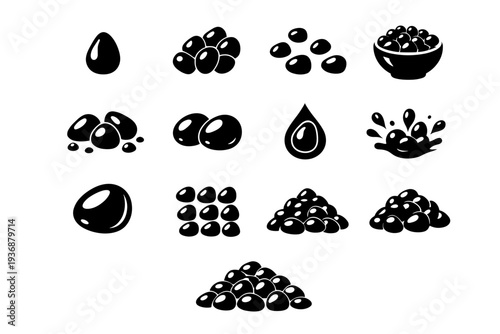 Pomegranate seeds. Solid icon set of Pomegranate seeds: single seed, seed cluster, scattered seeds, seeds in bowl, juicy seeds, fresh seeds, glossy seeds, seed