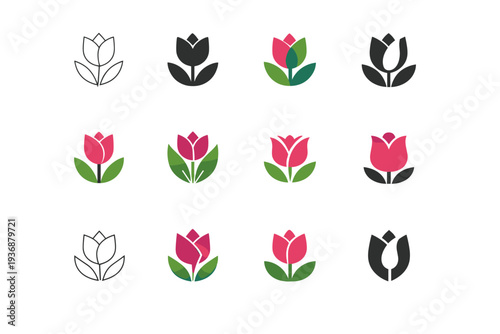 Spring flowers. Icon set. Set Logo of Spring flowers: blooming tulip. harmonious logo variations of the same emblematic concept, each with different artistic