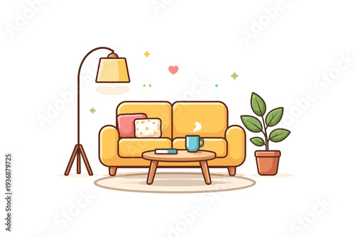 Home interior cozy living space centered on a sofa, floor lamp, and small plant, conveying comfort, balance, and everyday relaxation at home. Minimalist flat