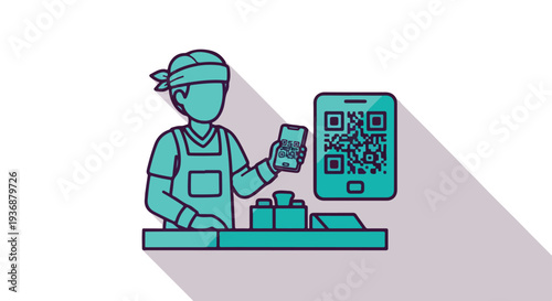 Worker scanning QR code with smartphone for digital payment or product tracking. Modern business technology and cashless transaction illustration.