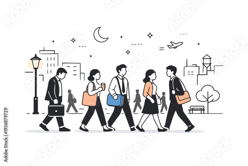 Evening city atmosphere. People walking under city lights after work, peaceful end of the day mood. Soft silhouettes of buildings and calm urban rhythm.