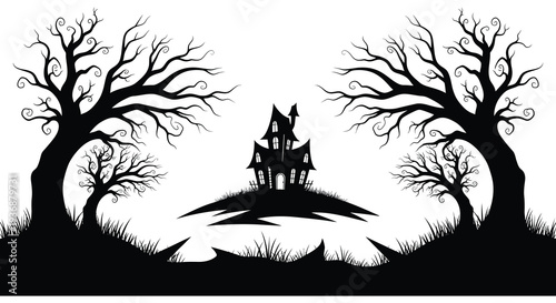 A spooky silhouette of a haunted house nestled between two bare twisting trees high quality professional