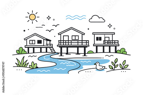Flood adaptation. Homes elevated slightly above ground with plants and water channels nearby. Quiet preparedness and thoughtful design, gentle wave icons and