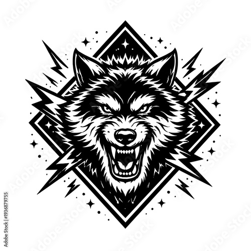 Powerful roaring wolf head graphic, black and white with bared fangs, piercing eyes, set in diamond. Dynamic lightning bolts, stars create aggressive, untamed emblem, perfect for intense logos, mascot