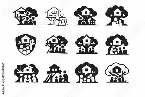 A family building a treehouse or playhouse in the backyard. Icon set. Set Logo of A family building a treehouse or playhouse in the backyard: hammer and nails.