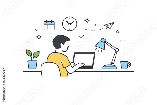 Home office workspace. A person working at a tidy desk with a laptop, plant, and lamp, calm focus and balanced daily routine, soft shapes and quiet