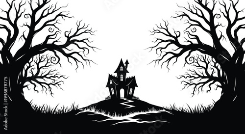 A spooky silhouetted haunted house is nestled between bare trees and tall grass high quality professional