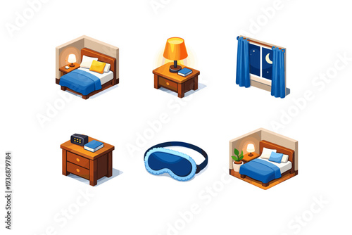 Bedroom Evening. Isometric flat vector icons set of Bedroom Evening: cozy bed corner, dim bedside lamp glow, curtained window at night, nightstand shadow,