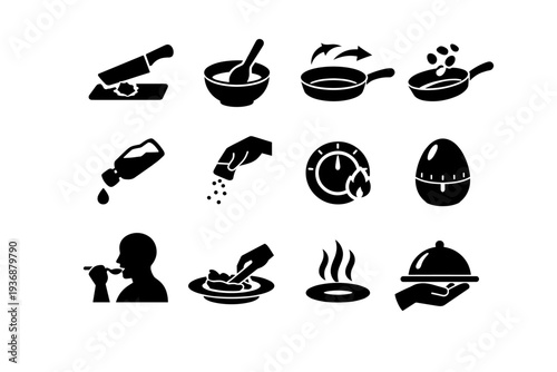 Cooking Actions. Solid icon set of Cooking Actions: chopping knife, stirring spoon, saute motion arrows, pan toss, oil pouring, seasoning sprinkle, heat