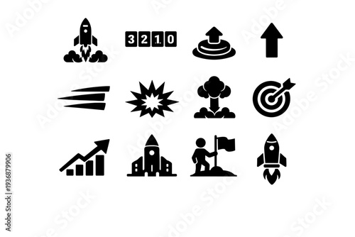 Launch. Solid icon set of Launch: rocket launch, countdown timer, launch button, upward arrow, speed lines, explosion start, lift off cloud, target hit start,