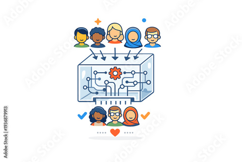 Ethical AI awareness illustrated by a transparent algorithm box filtering diverse profile icons, expressing how training data shapes outcomes and inclusivity