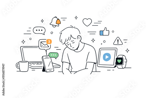 Screen overload. Multiple devices surrounding a person with slightly slumped posture, notifications and icons drifting away. Quiet moment of mental fatigue and