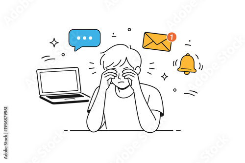 Digital overload. A person gently rubbing their eyes while laptop and message icons float nearby. The scene conveys sensory fatigue and the need for a pause.