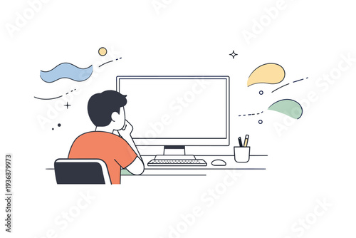 Creative block. A person staring at a blank screen or empty canvas, light abstract shapes slowly drifting away. Calm editorial scene expressing lack of
