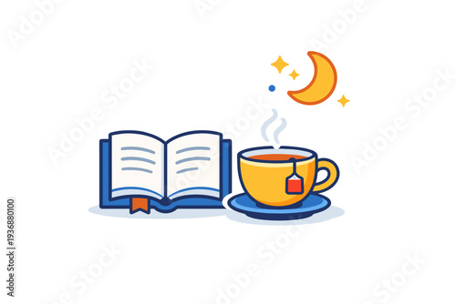 Sleep hygiene calming bedtime habits shown as a book, tea cup, and soft glow elements, conveying relaxation, comfort, and mental unwinding. Minimalist flat