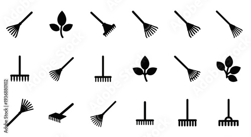 Gardening tools and seedlings arranged in a grid pattern for illustration purposes from a direct viewpoint.