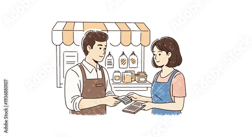 Small business owner and customer at market stall, illustration of a transaction with cash and calculator