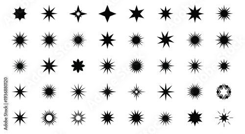 Collection of various star-shaped and circular graphic elements in different designs and sizes on a clean background