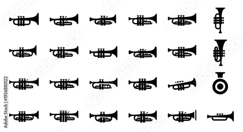 Collection of various black trumpet and French horn icons on a white background displayed from a straightforward viewpoint
