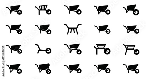 Collection of various wheelbarrow icons in different poses and designs displayed on a clean white background from a straightforward viewpoint