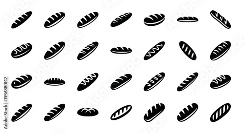 Collection of various bread loaves depicted in black illustrations on a clean background viewed from directly above
