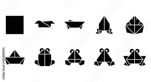 Sequence of origami paper folding steps illustrated in black and white, showcasing various stages of creation, simple shapes transforming into complex designs