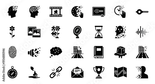 A collection of black icons representing various concepts on a white background, viewed from a straightforward perspective.