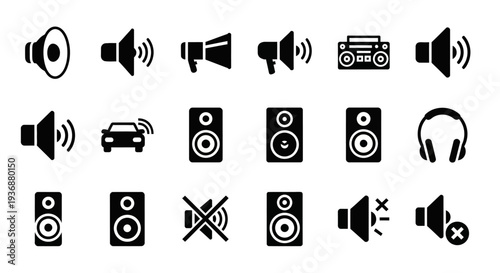Collection of various sound and audio equipment icons displayed in a grid layout on a clean background
