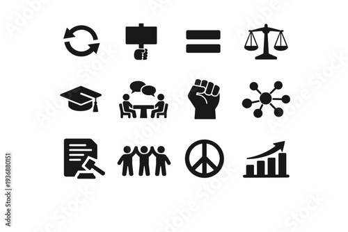Religion and Social Change. Solid icon set of Religion and Social Change: reform movement arrows, protest sign, equality symbol, justice scale, education