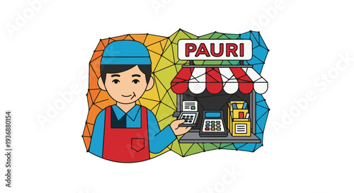 Smiling shopkeeper standing next to a small store with colorful background, vector illustration