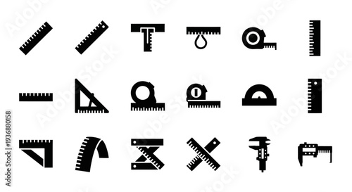 Collection of various black technical drawing tools on a white background from a straightforward viewpoint