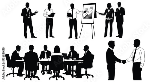 Diverse group of business professionals in various meeting and presentation scenarios high quality professional detailed modern