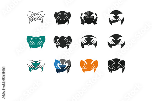 Scalp treatment session. Icon set. Set Logo of scalp treatment session: scalp massage hands. harmonious logo variations of the same emblematic concept, each