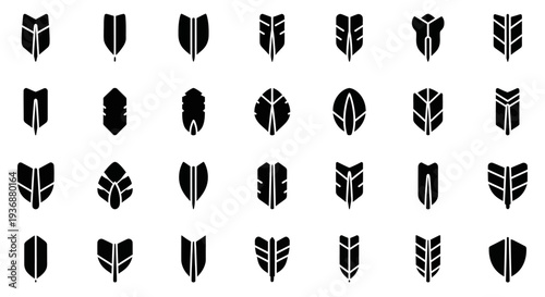Collection of various abstract black icons displayed on a clean white background showcasing diverse shapes and designs
