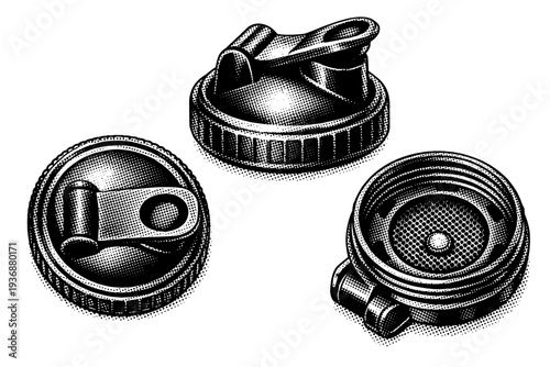 Protein shaker bottle cap threads displayed from top view, cross-angle view, and underside view with precise mechanical detailing. Black and white dot style