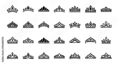 A collection of twenty different crown designs illustrated in black and white, showcasing various styles and intricate details.