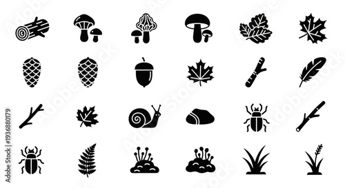 Collection of black icons representing various flora and fauna elements on a plain background from a direct viewpoint